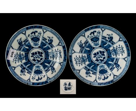 Pair of Chinese Blue &amp; White Decorated Plates, with panels of flowers and figures, character marks to the verso.  8" diam