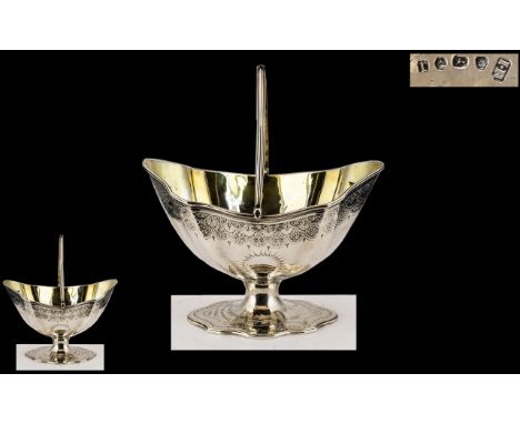 George III Superb Quality - Sterling Silver Large and Impressive Swing Handled Sugar Bowl of Navette From on A Shaped Oval Fo