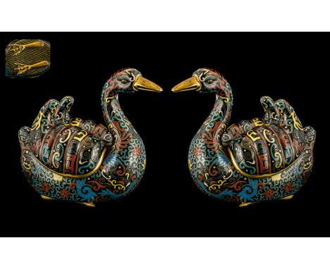 Pair of Chinese Antique Mandarin Duck Cloisonne Insense Burners with Detachable Lids to the Ducks Back, The Metal Beaks Highl