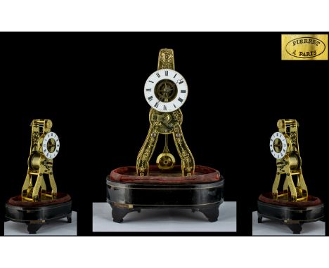 Small Late 19th Century French Skeleton Clock, by Pierret &amp; Co. Paris, the white enamel dial with Roman numerals, over en