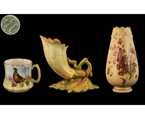 Royal Worcester and Royal China Works Trio of Hand Painted Assorted Items ( 3 ) Comprises 1/ Royal Worcester Lily Bud Vase, D