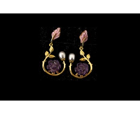 Carved Amethyst, White Fresh Water Pearl and Pink Mother of Pearl Drop Earrings, a striking and unusual pair of drop earrings