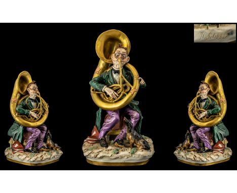 Capodimonte Signed and Superb Quality Musical Porcelain Figure - Excentric Musical Playing a Large Horn Instrument. Signed H.