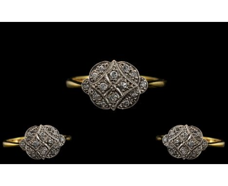 Antique Period - Attractive 18ct Gold Diamond Set Cluster Ring. The Pave Set Diamonds of Good Colour and Clarity. Ring Size M