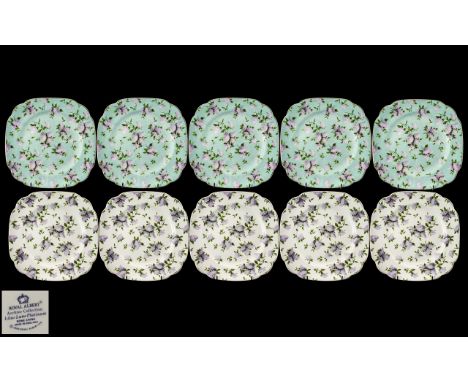 Royal Albert Ten Square Plates in the Archive Collection, five in Lilac Lane Platinum on white ground, and five Lilac Lane Pl