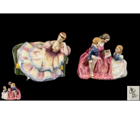 Royal Doulton Pair of Hand Painted Porcelain Figures. 1/ ' The Bedtime Story ' HN2059. Designer L. Harradine. Issued 1950 - 1