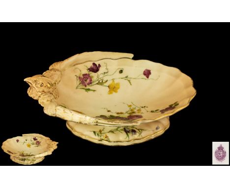 Royal Worcester - Excellent Hand Painted Blush Ivory Bird and Flower Pedestal Dish - Bowl. The Edge of Bowl Features The Imag