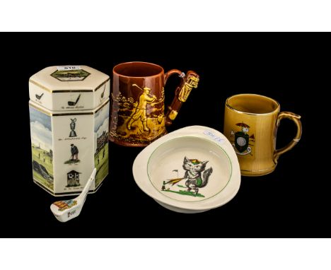 Golfing Interest Pottery Items. Spode Cat Food Bowl, Wade Tankard, Dartmouth Pottery Tankard, Tea-Caddy Glen Eagles, Carlton-