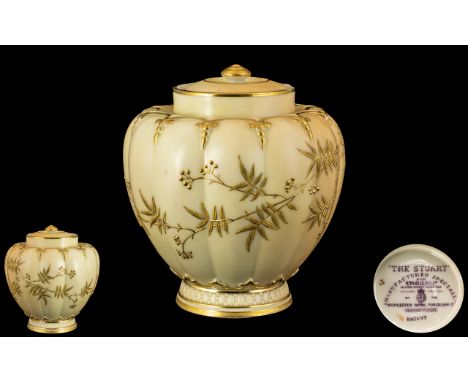 Worcester Royal Porcelain Co Superb Blush Ivory Lidded Vase with Beautiful Gold Leaf Decoration to Ribbed Body of Vase, and E