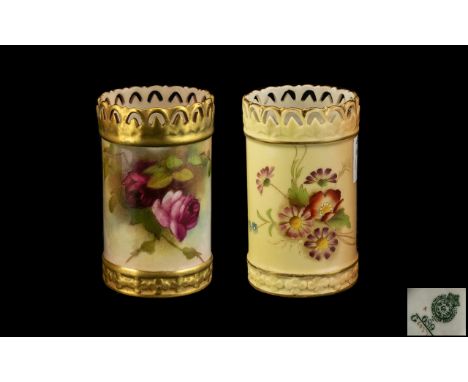 Royal Worcester - Attractive Pair of Hand Painted Cylindrical Shaped Small Vases, Both with Painted Floral Stillifes ' Roses 