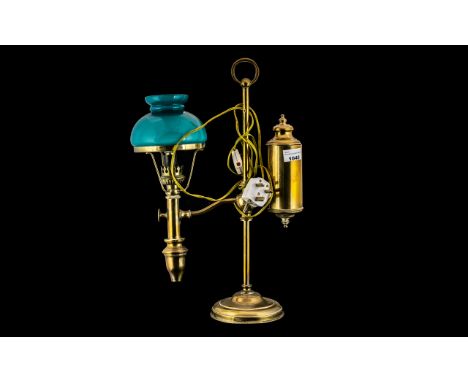 Reproduction Brass Student's Lamp with a turquoise glass shade, electrified.  Height 19", Width 13".