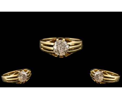 18ct Yellow Gold Gypsy Set Single Stone Diamond Ring. The Single Round Brilliant Cut Diamond of Excellent Sparkle / Clarity. 