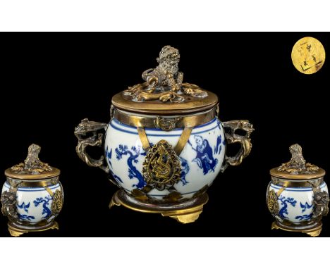 Chinese - Late 19th Century Superb Blue and White Porcelain Lidded Incense Burner with Silver Gilt Base, Handles and Cover ( 