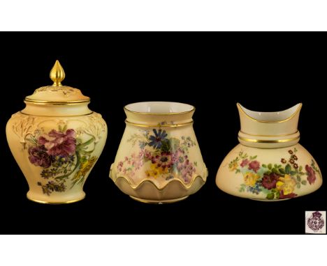 Royal Worcester Fine Trio of Hand Painted Blush Ivory Vases - All Decorated with Painted Images of Summer Flowers on Ivory Gr