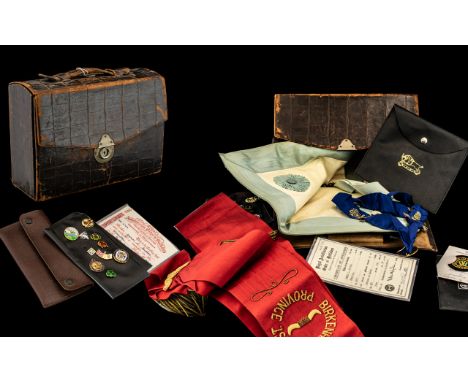 Collection of Masonic Oddments In Leather Box, Comprising Apron, Booklets, Enamel Badges, Sashes etc. 