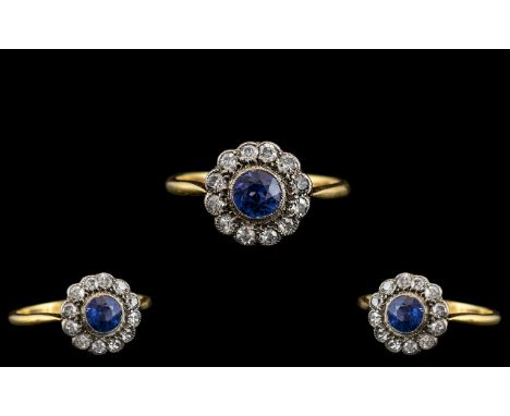 Antique Period Superb Quality 18ct Gold Diamond and Sapphire Set Cluster Ring. Flower head Setting ( Superb ) The Central Nat