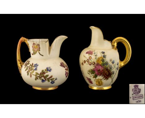 Royal Worcester Pair of Hand Painted Ivory Ground Jugs, Each Decorated with Painted Images of Summer Flowers with Brushed Gol