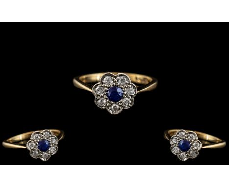 Antique Period 9ct Gold - Attractive Diamond and Sapphire Cluster Ring. The Pave Set Diamonds and Sapphire of Excellent Colou