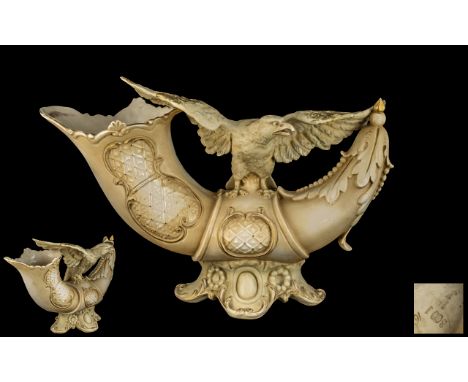 Royal Worcester Style 19th Century - Large Blush Ivory Figural Centrepiece In the Form of a Large Horn with Large Eagle Wings