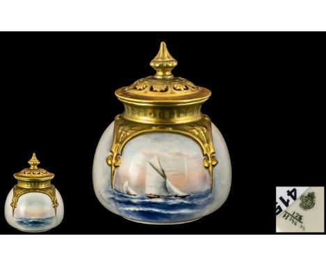 Royal Worcester - Signed and Hand Painted ' Ships ' Lidded Globular Shaped Vase, Decorated to Front Panel, with Hand Painted 