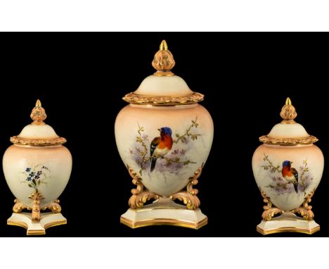 Royal Worcester Hand Painted Ovoid Shaped Lidded Vase of Superb Decoration and Proportions, Raised on a Trio of Dolphin Style