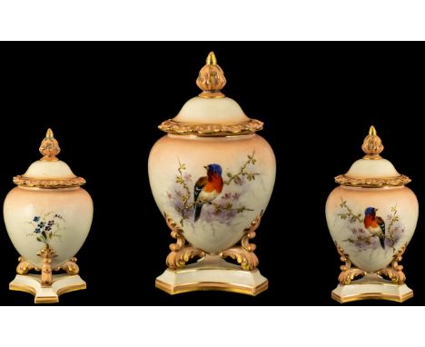 Royal Worcester Hand Painted Ovoid Shaped Lidded Vase of Superb Decoration and Proportions, Raised on a Trio of Dolphin Style