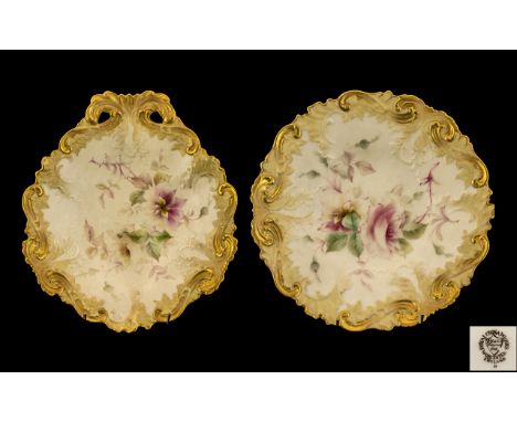 Royal China Works Worcester Fine Pair of Hand Decorated Shallow Dishes ( 2 ) Decorated In a Soft Pallet ( Floral Images ) Bot