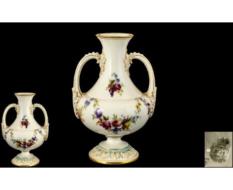 Royal Worcester Superb Urn Shaped Small Vase, Decorated with Hand Painted Bouquets of Flowers to Body of Vase, Highlighted In