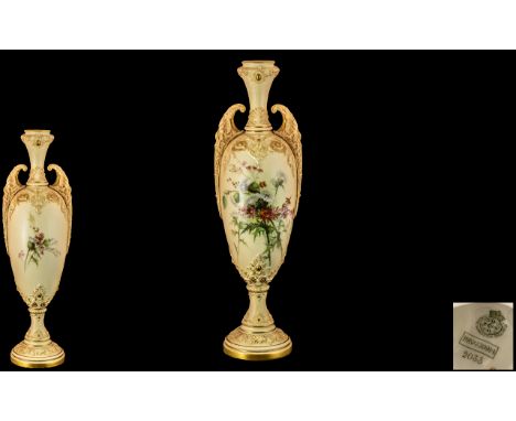 Royal Worcester Superb Twin Handle Urn Shaped Blush Ivory Floral Decorated Vase of Tall and Elegant Proportions, Decorated wi