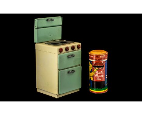 Chad Valley Tin Plate Toy Oven in original box, with a tin plate money box shaped as a letter box (Acme Toys).  See images.