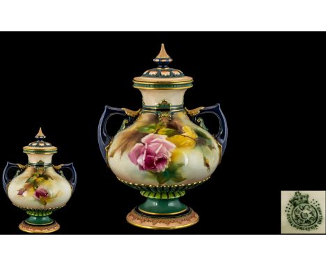 Royal Worcester - Hadley Hand Painted Twin Handle Porcelain Lidded Bulbous Vase, Decorated with Images of ' Roses ' Stillife.