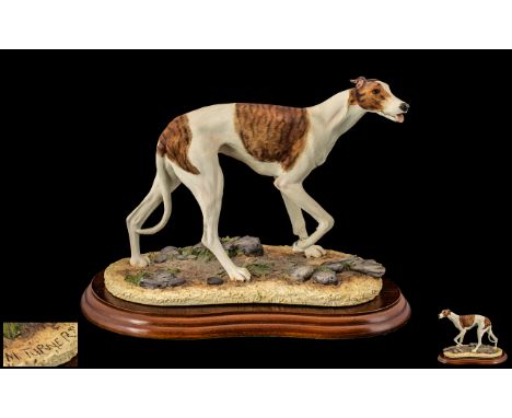 Border Fine Arts B0348A Hand Painted Sculpture - Figure ' Greyhound ' Brindle, Sculpture M. Turner. Raised on a Stepped Woode