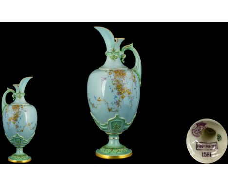 Royal Worcester Hand Painted and Superb Robin Eggs Blue - Porcelain Ewer, with Raised Gold Decoration to Body of Vase. Lovely