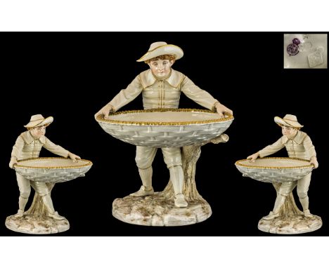 Royal Worcester - Superb Quality Hand Painted Figural Dish, Modelled by James Hadley. Features A Young Boy In a Wide Brimmed 