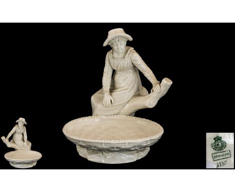 Royal Worcester Excellent Quality Figural Comport In Cream Colour way, Modelled As a Girl Seated Upon a Tree Stump Looking Ov