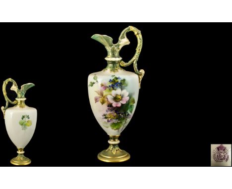 Royal Worcester Exquisite Hand Painted Ornate Ewer of Small Proportions. Decorated with Painted Images of Summer Flowers on a