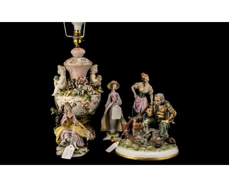 Capodimonte Group of 5 Pieces. Consisting of an Electrified Lamp 16 Inches High, Old Man with His Dog 9 Inches High, Two Girl