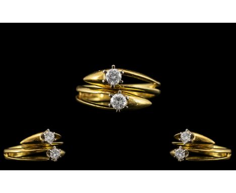 18ct Yellow Gold - Contemporary and Attractive Two Stone Diamond Set Dress Ring of Pleasing Design. Hallmark Birmingham 1985,