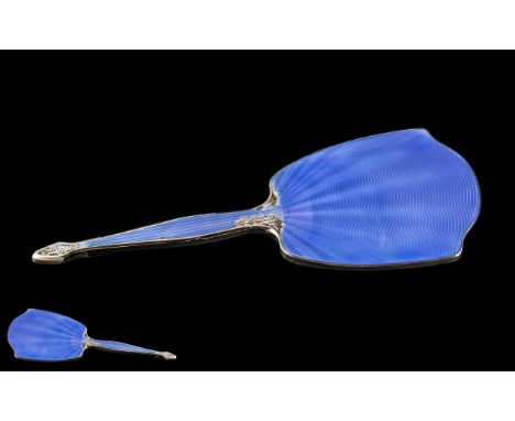 Enamel Backed Silver Hand Mirror, blue enamel damaged to some areas.  Rubbed Birmingham mark. 