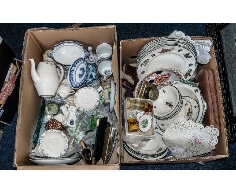 Large Box of Assorted Pottery, Glass &amp; China, comprising Oriental plates. sauce pot and lid, Toby Jugs, Vases, collection