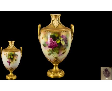 Royal Worcester Nice Quality Hand Painted Twin Handle Vase ' Roses ' Stillife. Date 1912 &amp; Shape No 2277. Height 7.75 Inc