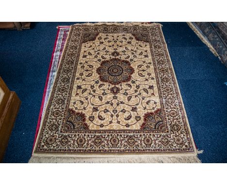 A Cashmere Gold Ground Unique Medallion Design Rug measuring 1.70 by 1.20 m. As new condition.