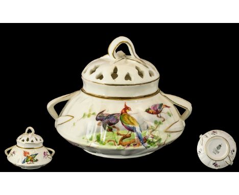 Royal Worcester Superb Quality Hand Painted Twin Handle Small Lidded Pot-Pourri, Decorated with Painted Images of Exotic Bird