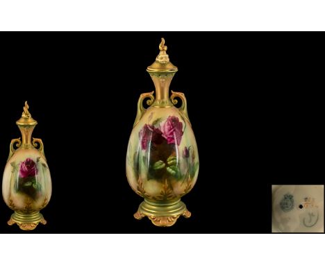 Royal Worcester James Hadley Attractive Hand Painted Twin Handle Lidded Vase ' Roses ' Stillife. Date 1907, Royal Worcester S