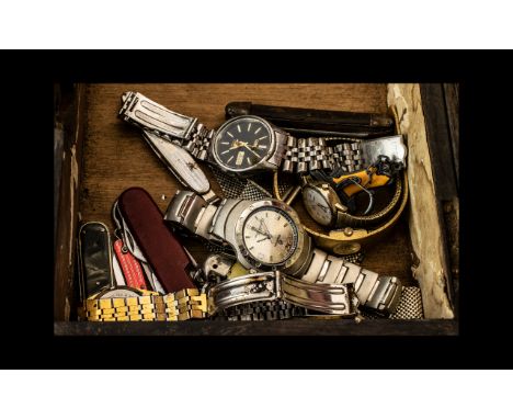 Three Money Boxes to include various bank notes, playing cards, badges, oddments, wrist watches, pocket knives etc. All to so