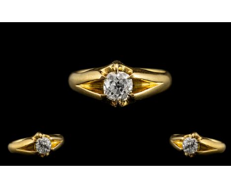 Antique Period 18ct Gold - Superb Quality Gypsy Set Single Stone Diamond Ring, The Cushion Cut Faceted Diamond of Superb Colo