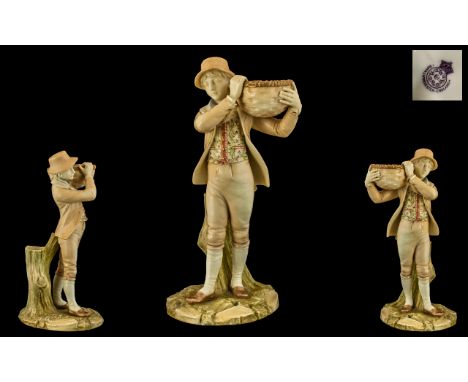 Royal Worcester Nice Quality Hand Painted Porcelain Figure ' Young Male Carrying a Large Open Basket. Date Mark 1893. Height 