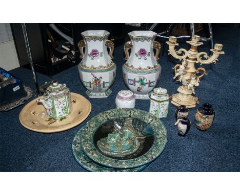 Misc Box of Oriental Pottery Items. Consisting of Large Pair of Chinese Vases, Two Large Pottery Plates, Large Art Pottery Pl