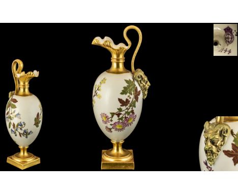 Royal Worcester Hand Painted Wine Ewer of Classical Form. The Body Decorated with Painted Images of Blue bells and Daises on 