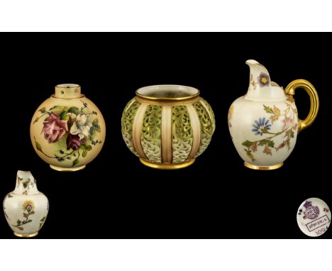 Royal Worcester Collection of Hand Painted Small Vases / Jugs ( 3 ) In Total. Comprises 1/ Helmet Shaped Jug Decorated with P